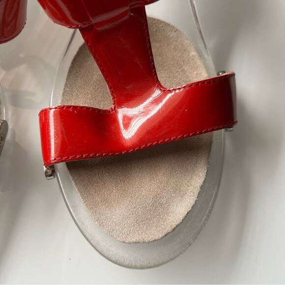 Michael Kors• Red Leather Sandals Platform Heels Silver Buckled Clear Heel - Picture 5 of 13